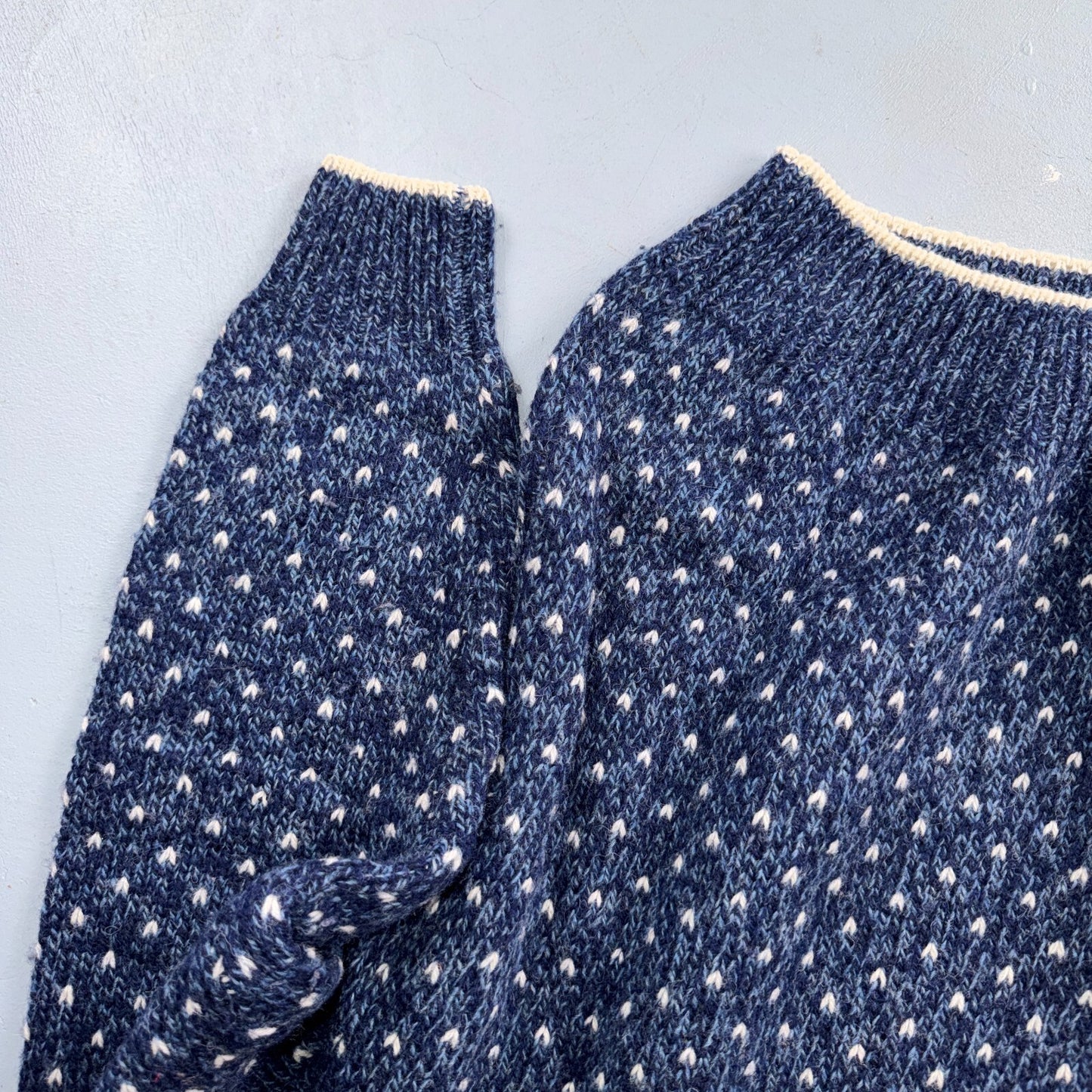 VTG 90s Authentic Nordic Birdseye Knit Sweater Blue White Wool Blend Norway L