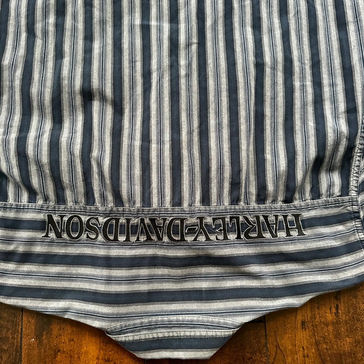 Harley Davidson Shirt Button Up XL Short Sleeve VTG Embroidery Striped Blue