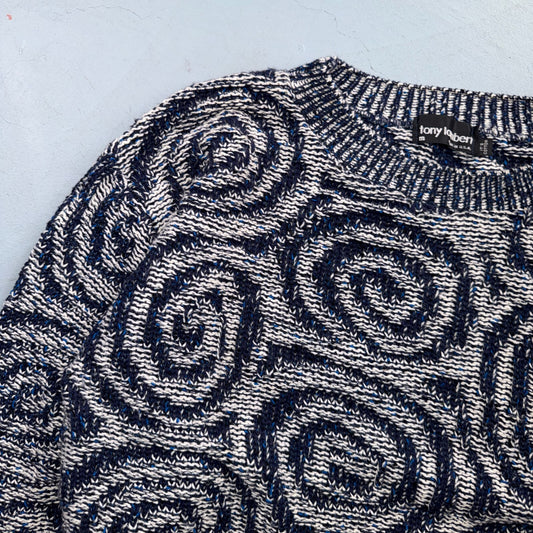 VTG RARE 90s Tony Lambert Textured Knit Sweater Blue White Abstract Made USA M