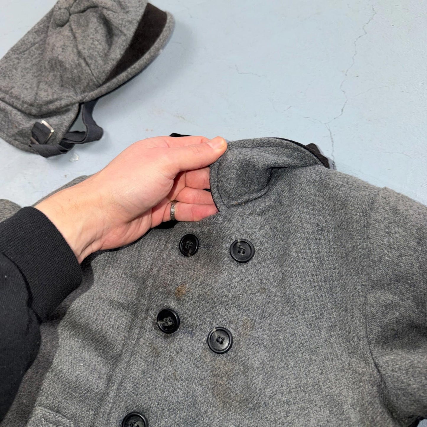 Union Made 1960s Double Breasted Coat Jacket Black Wool 2T Size 2 Toddler Hat