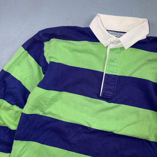 VTG Lands End Rugby Shirt Mens M Heavy Cotton Polo 80s 90s USA Stripe Blue Green