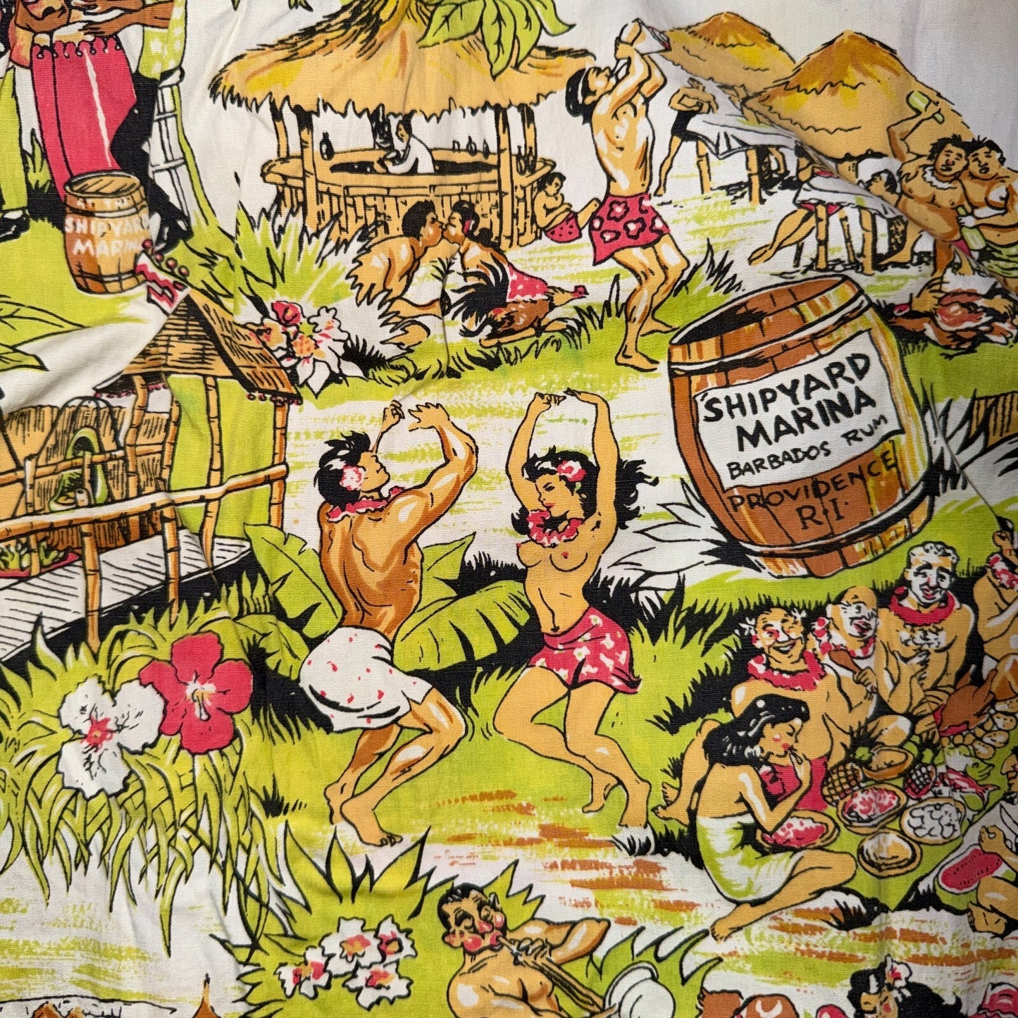 VTG 50s Hawaiian Aloha Shirt Dance Rockabilly Novelty Print Pinup Pin Up Girls
