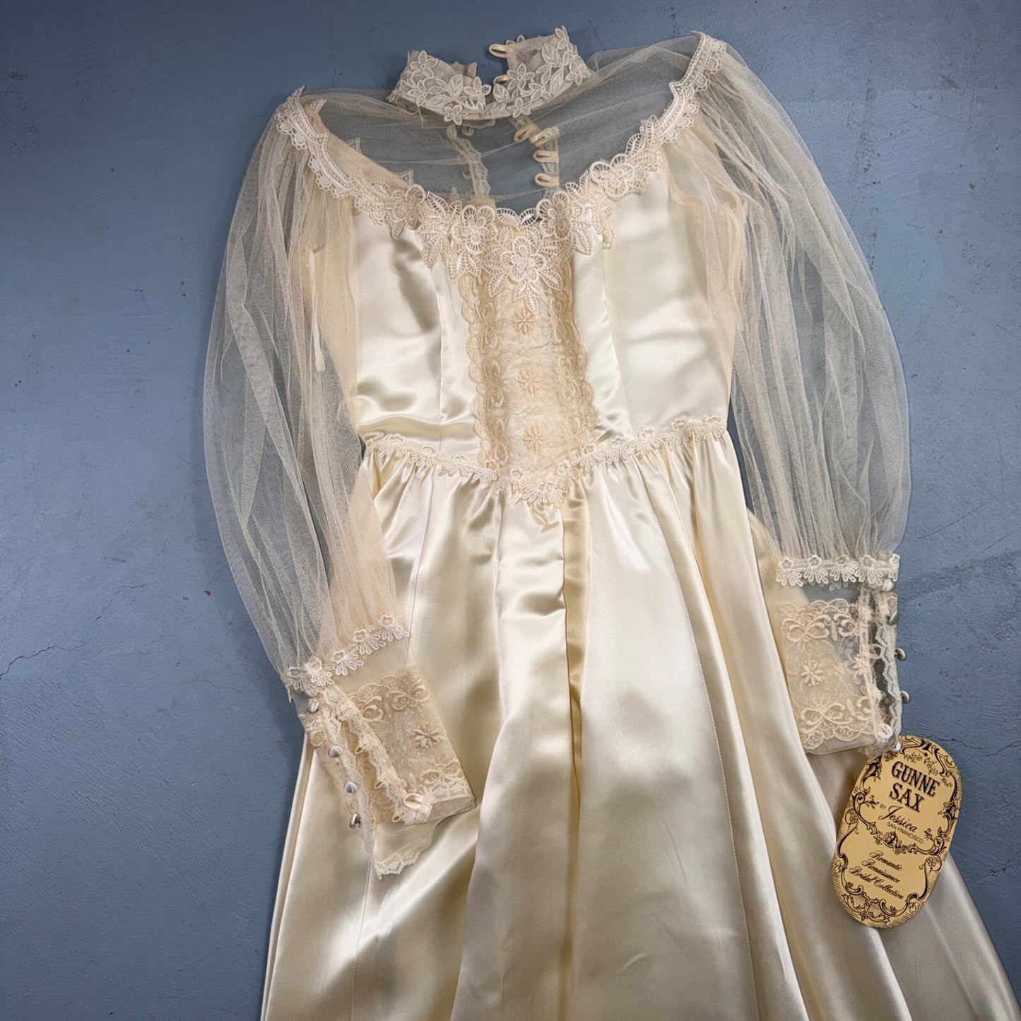 Vintage NWT 1970s GUNNE SAX Lace Prairie Wedding Dress Size 7 Hippie Boho 70s