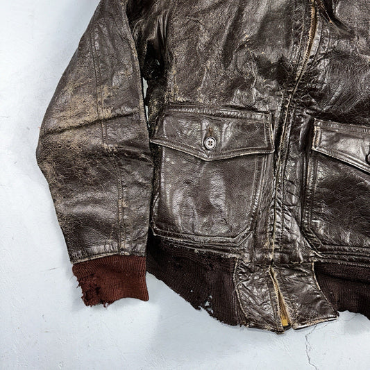 Vintage 1940s 50s WWII Type A-2 Leather Flight Jacket Brown Size 40 Thrashed 40s