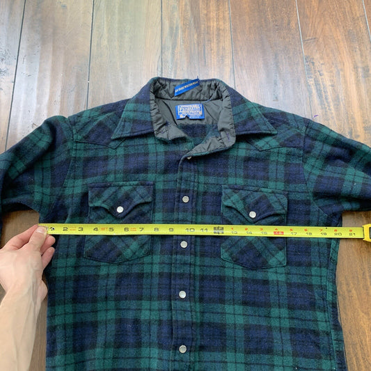 Pendleton Wool Plaid Shirt Western Wear VTG USA Green Pearl Snap Flannel 70s