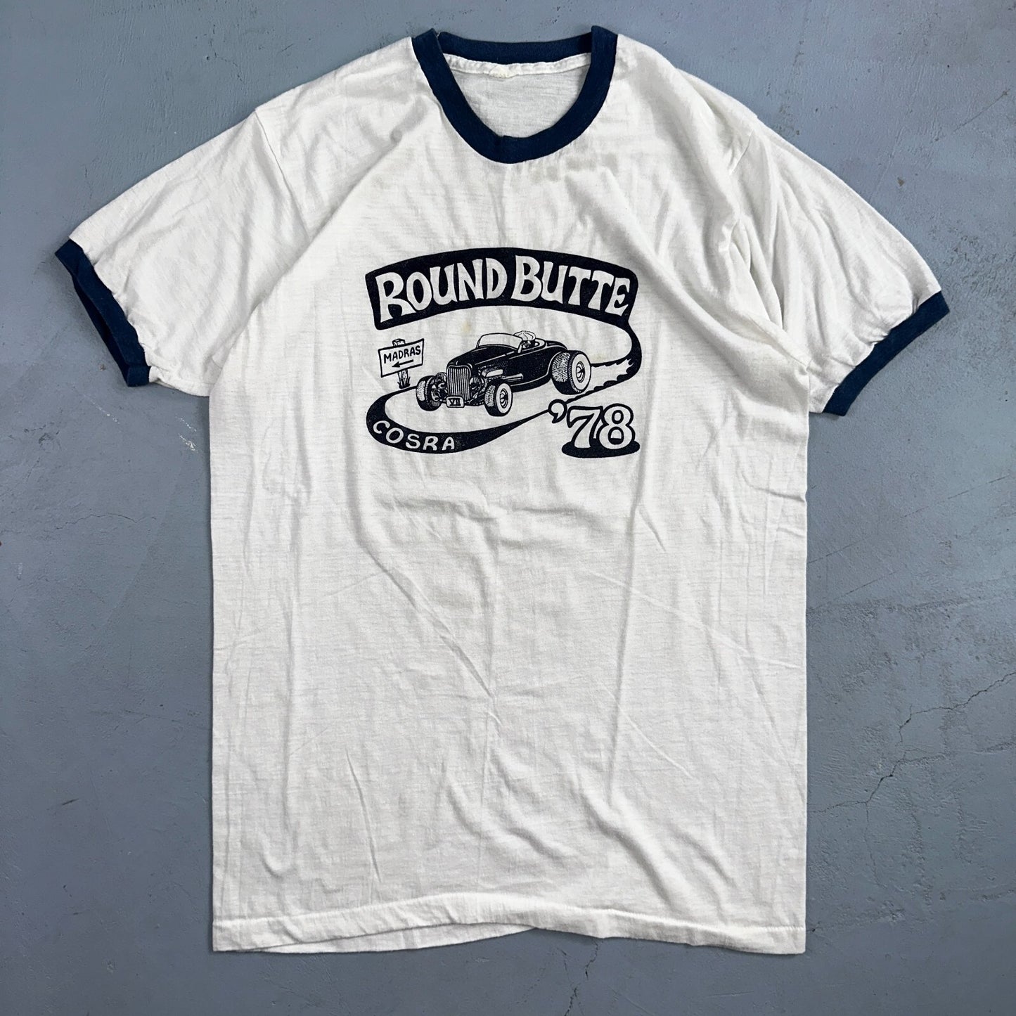 Round Butte Oregon 1970s VTG T Shirt 1978 Rockabilly Ringer Cars Hot Rod PDX Art