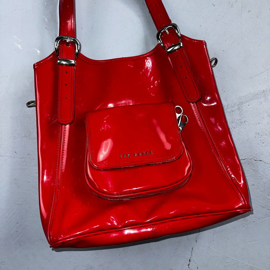 Ted Baker Red Patent Leather Quilted Large Stitch Tote Bag Purse Statement Y2K