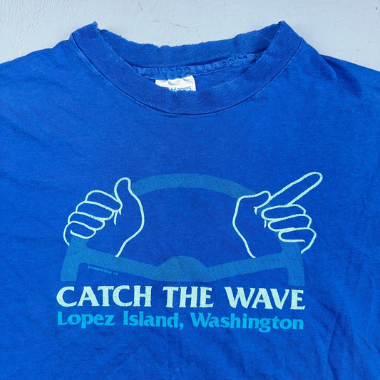 Lopez Island Washington Hanes Beefy XL VTG T Shirt Blue Catch The Wave Driving
