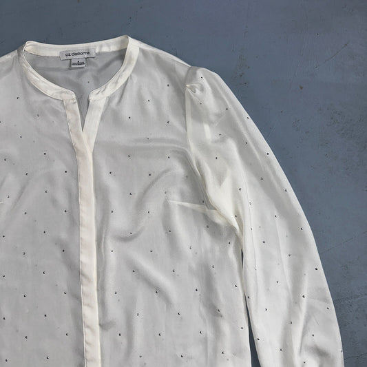 LIZ CLAIBORNE Womens Long Sleeve Button Front Blouse Shirt Studs Sz S Ivory