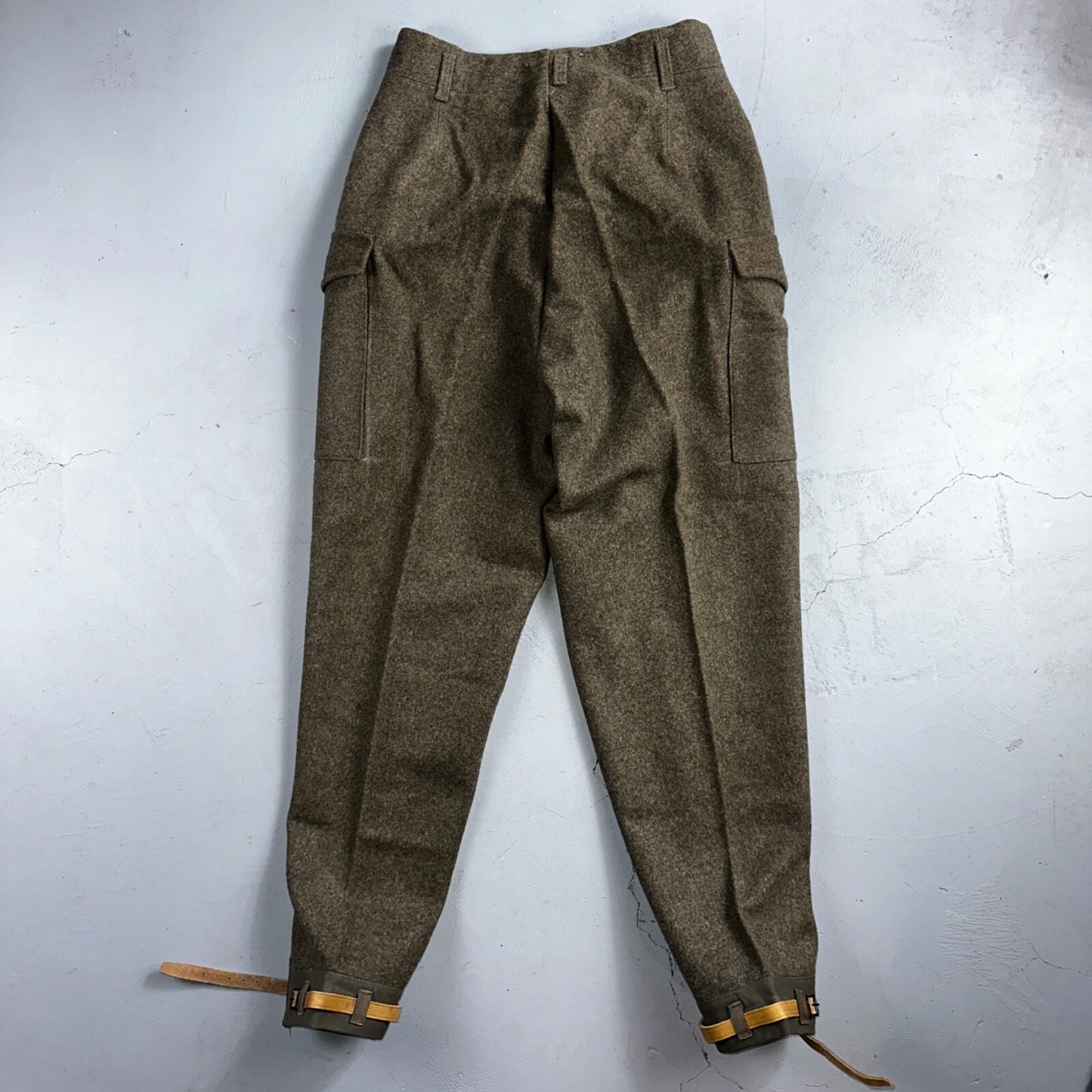 Vintage 1940s Swedish Army Wool Cargo Heavy Pants WWII Leather Straps 35x32