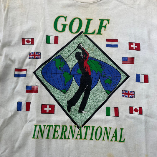 Golf International Vintage T Shirt Tiger Woods Sports Grass USA Flags Rap Blank