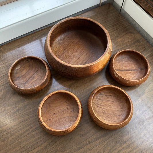 Vintage MCM Teak Wood Salad Bowls and Serving Bowl Set 5 Handmade Walnut Color