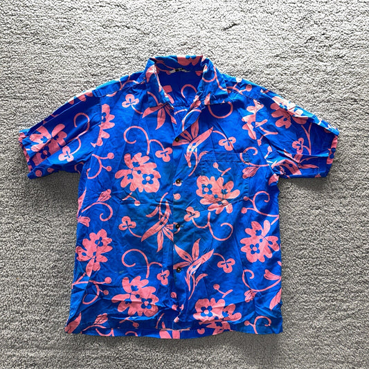 Vintage 50s Hawaiian Aloha Print Shirt Rockabilly Honolulu 60s Button USA Pink