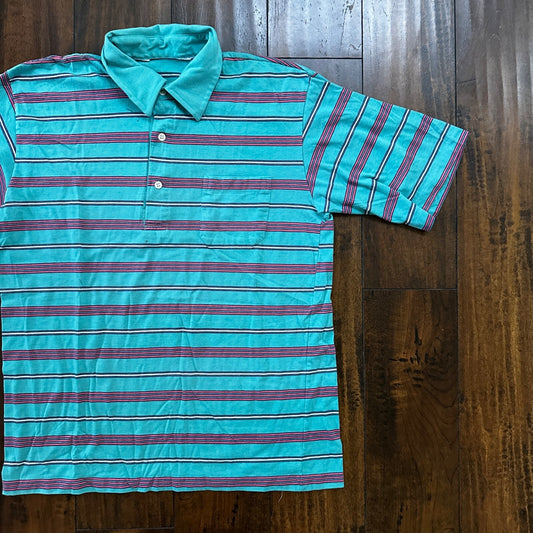 Teal Blue Pink Polo VTG T Shirt Single Stitch Basic 1980s 80s Preppy Vibe