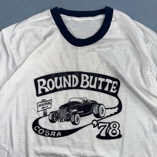 Round Butte Oregon 1970s VTG T Shirt 1978 Rockabilly Ringer Cars Hot Rod PDX Art