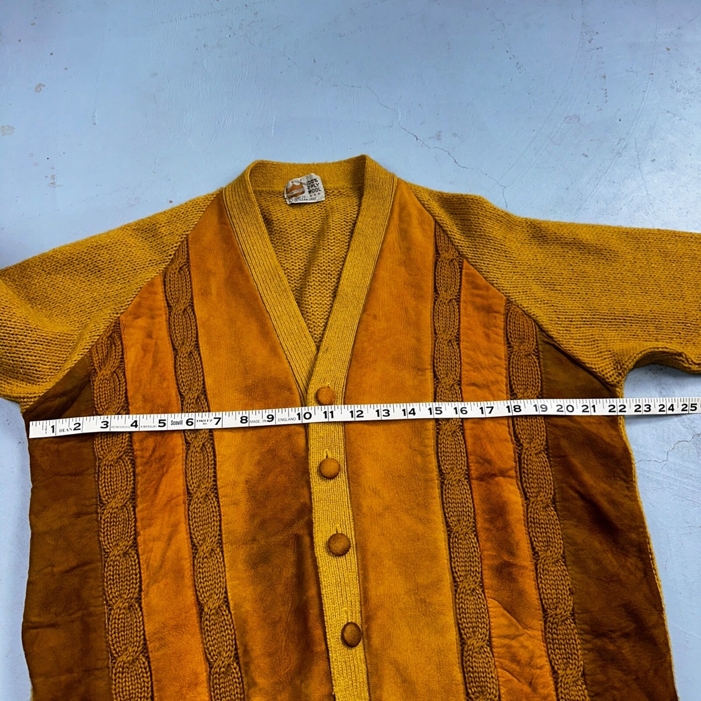 Vintage 60s Grant Crest Wool Cardigan Sweater M Yellow Mustard Suede Rockabilly