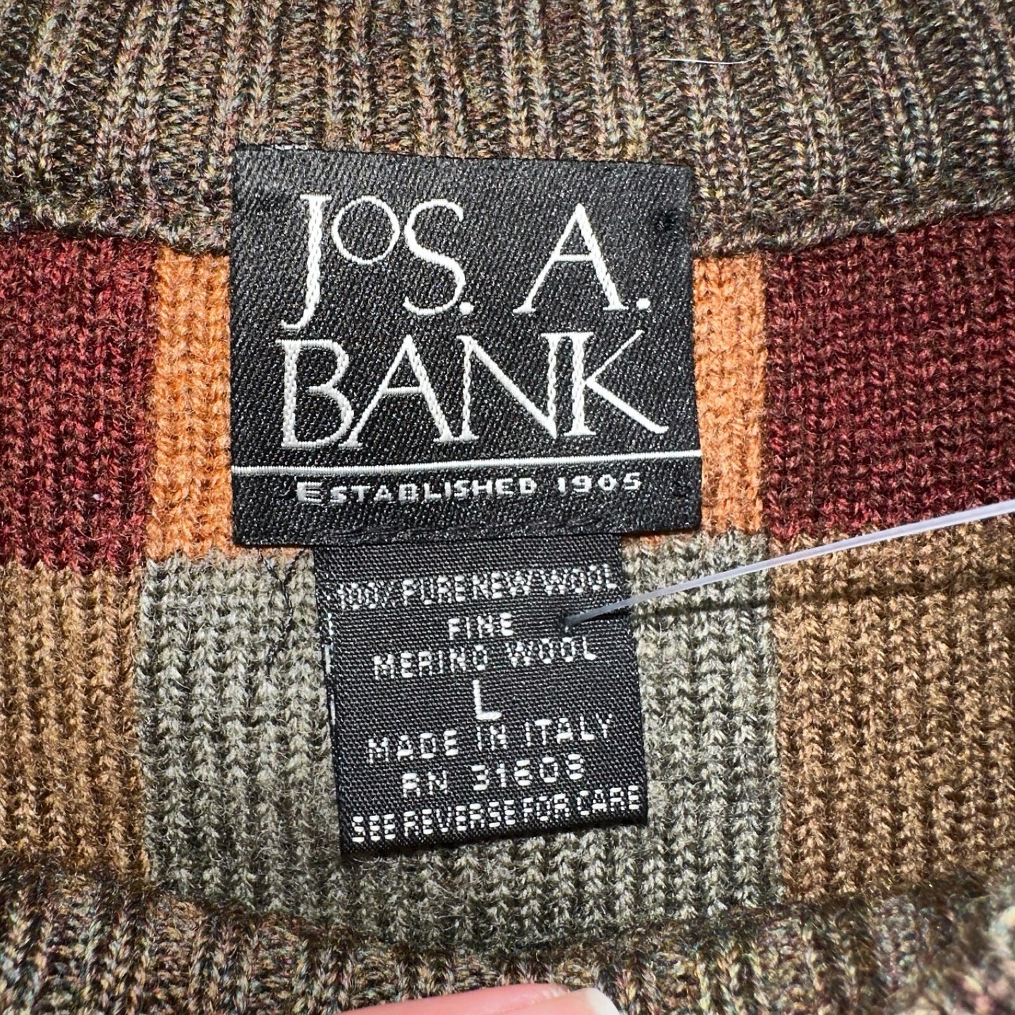 Jos A Bank VTG Mens L Pure Merino Wool Sweater Italy Checkboard 80s Patchwork