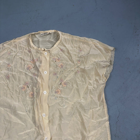 Vintage Lloyd Williams Silk Blouse Beige Women's Size 6 Floral Lace Cute Chic