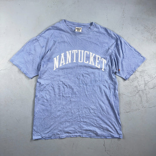 Oneita Nantucket VTG T Shirt USA Boston Simple Script Graphic Logo Light Blue