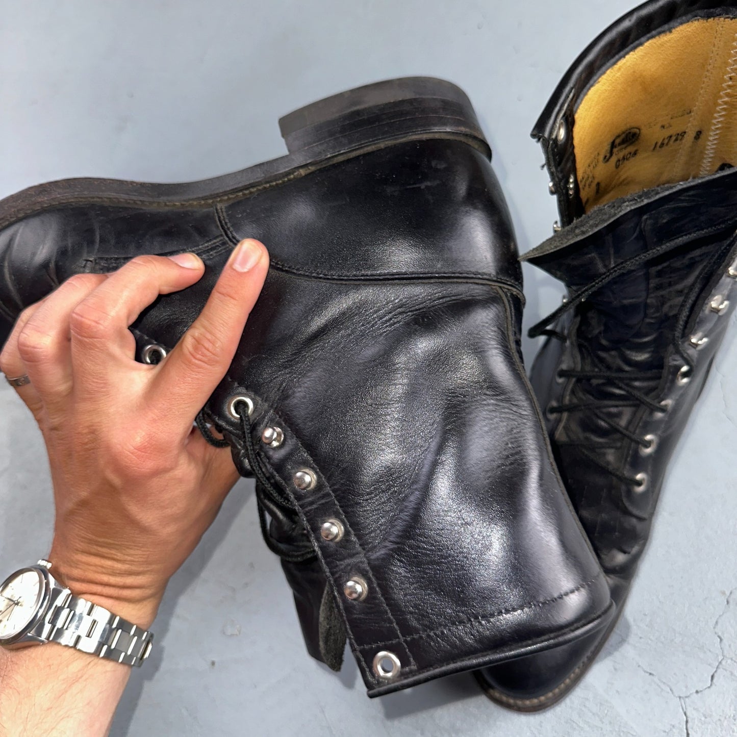 Vintage Justin Black Leather Roper Boots USA 9D Lace-Up Western Logger 506