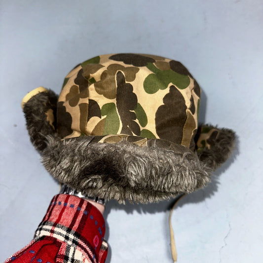 Vintage Browning Down Trapper Hunting Hat XL Camo Fur Lined Ear Flaps USA D60