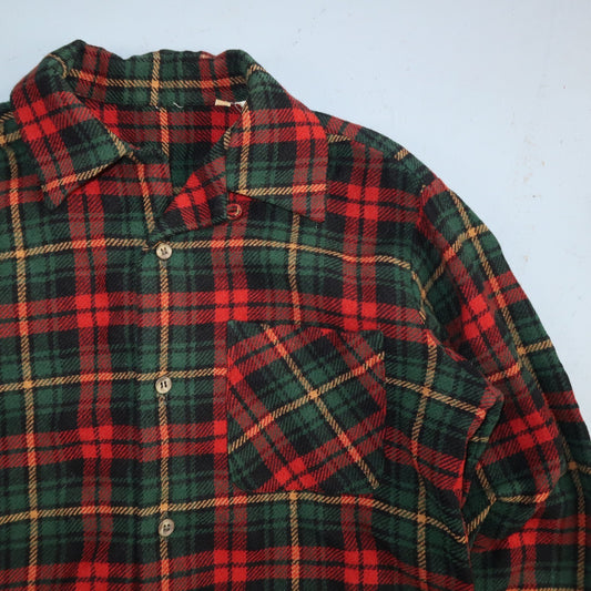 VTG 60s Wool Button Down Shirt Loop Wool Plaid Flannel Shirt 50s Red Rockabilly