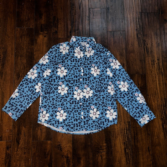 Blue Flowers Multicolor Long Sleeve Collared Button Down Hawaii Shirt Womens M