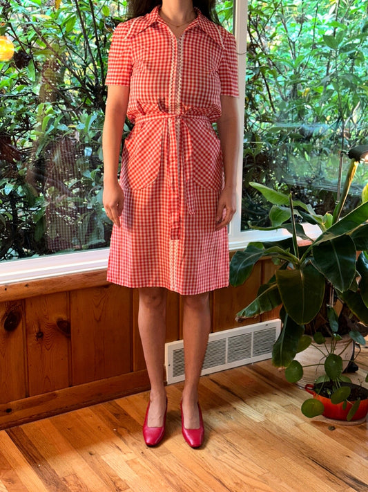 VTG 1970s Dress Grandmacore Cottagecore Casual Rockabilly Checkerboard Cute Red