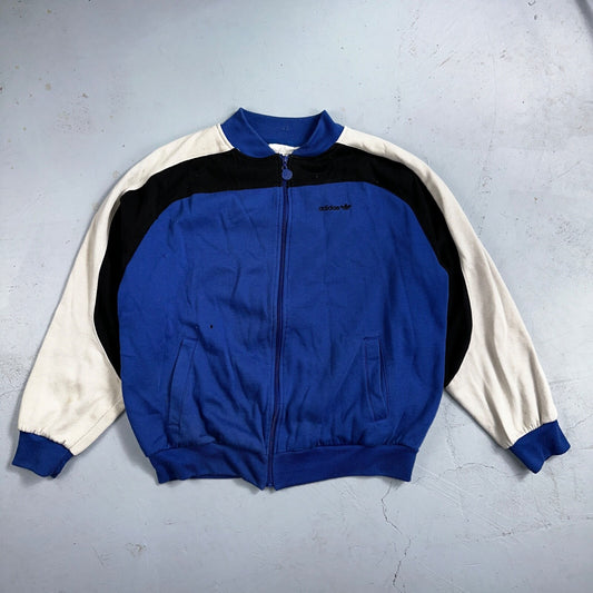 Adidas 80s 90s VTG Logo Sweater XL Blue Full Zip Sweatshirt Mens Burn Hole