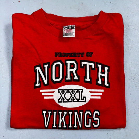 Oneita VTG T Shirt Property Of North Vikings Salem Oregon 1990s 90s Red Gym Tee