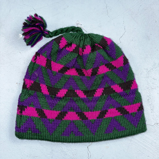 Vintage Mountain Ladies & Ewe Wool Pink Blue Knit Ski Hat Cap One Size Tassels