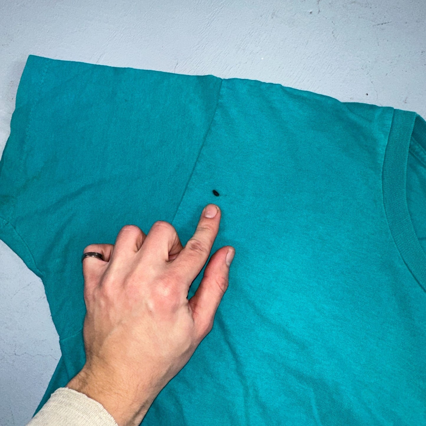 1960s Fruit Of The Loom VTG T Shirt Green Blue Thrashed Single Stitch 60s Blank