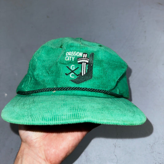 Vintage Oregon City Golf Course Hat Texace USA Green Corduroy Rope Cap 70s PDX