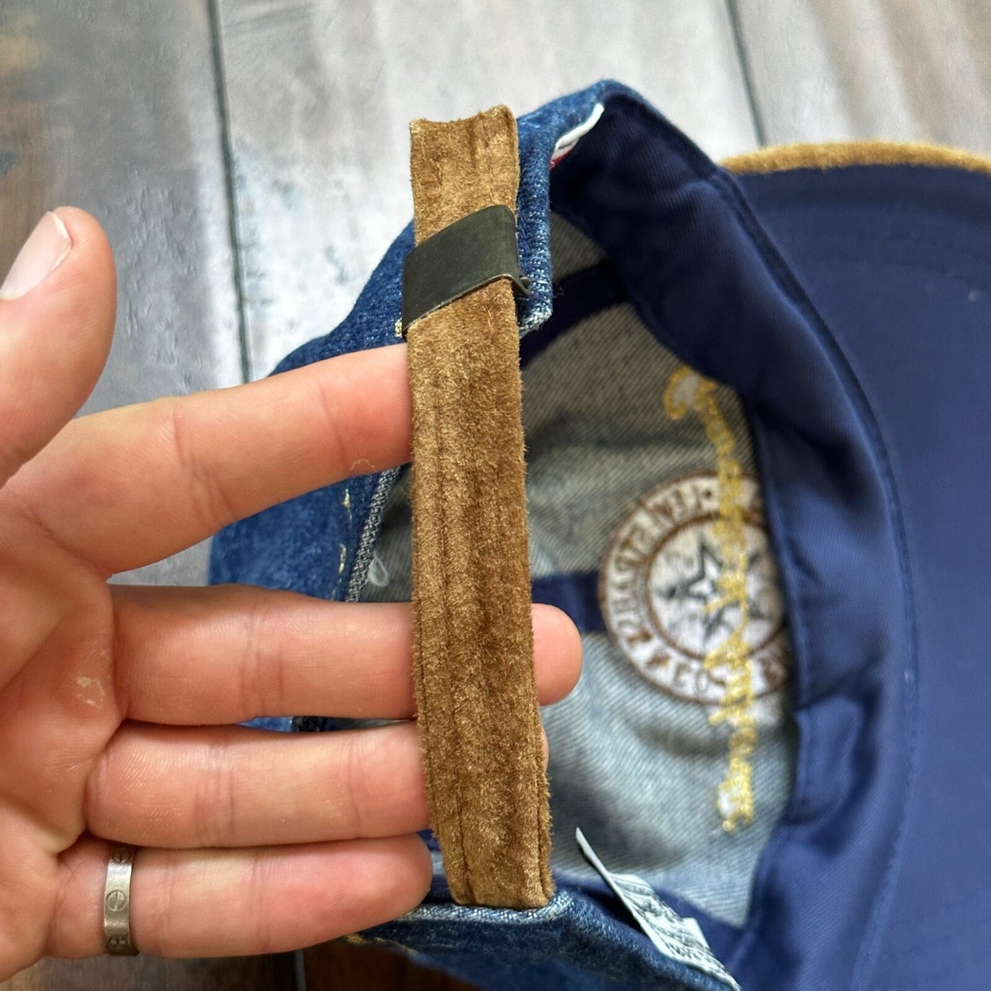 Vintage Levis Jeans Blue Denim w/ Brown Suede Leather Bill Strapback Hat Cap