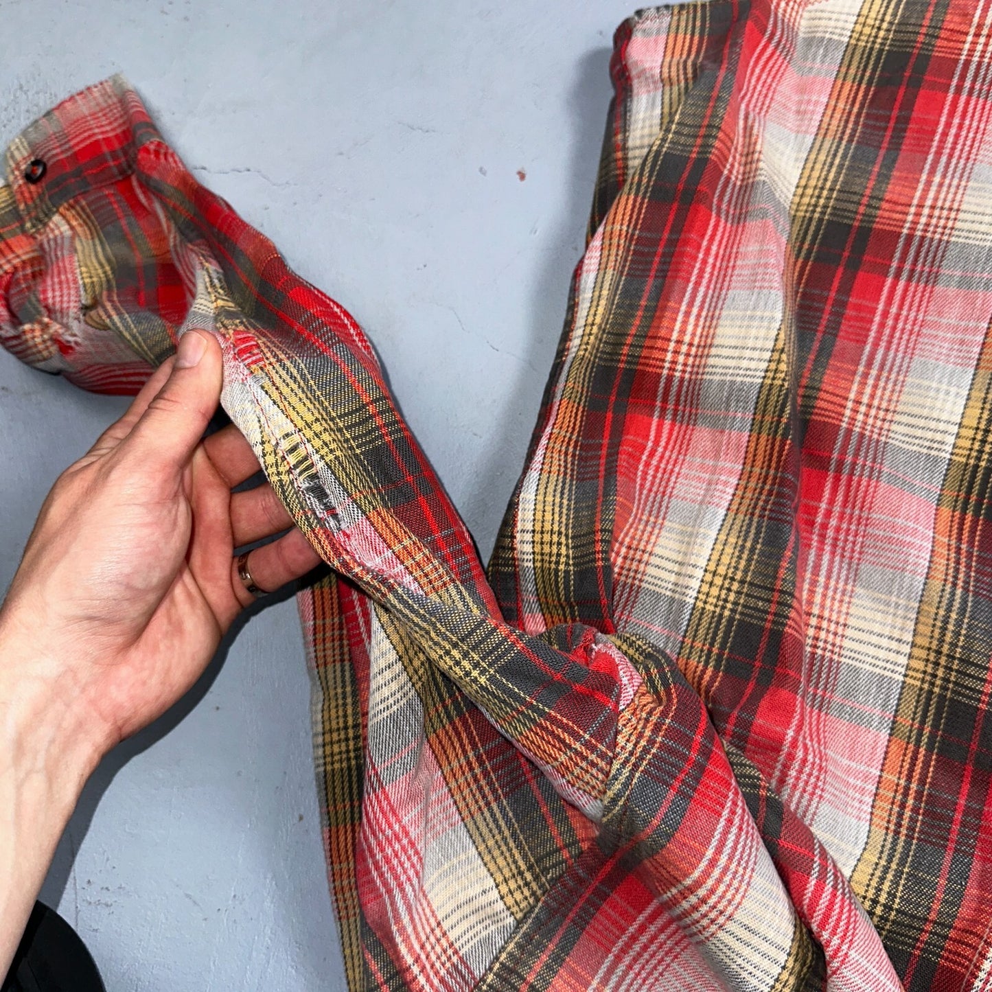 VTG Big Mac JC Penny Thick 100% Cotton Flannel Work Shirt M 70s Plaid Thrashed