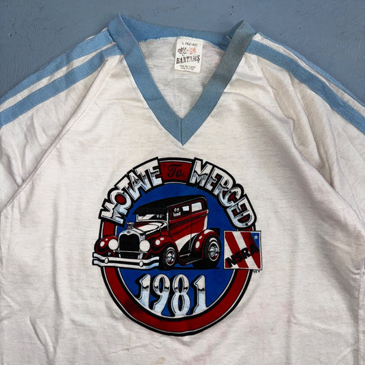 Hot Rods 1981 Motate Merced VTG T Shirt NSRA 80s V Neck Cut Cars Crazy Graphic