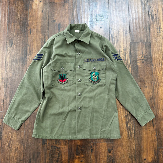VTG US Military Shirt Mens 15.5 Green OG 507 Utility Patches Jacket 1980 USAF