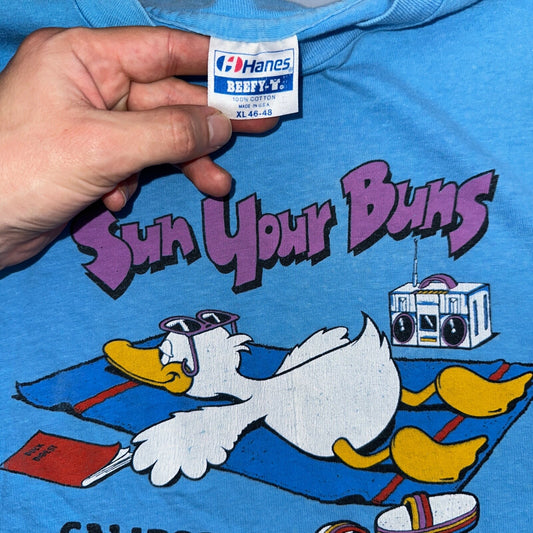 Hanes Beefy Sun Your Buns California VTG T Shirt 80s Duck Cute Beach Art Radio