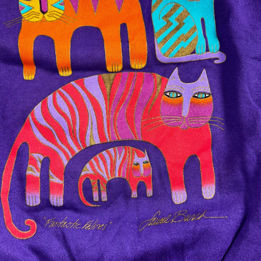 Laurel Burch VTG 1987 Pullover Fantastic Felines Purple Cat Sweatshirt XL NOS