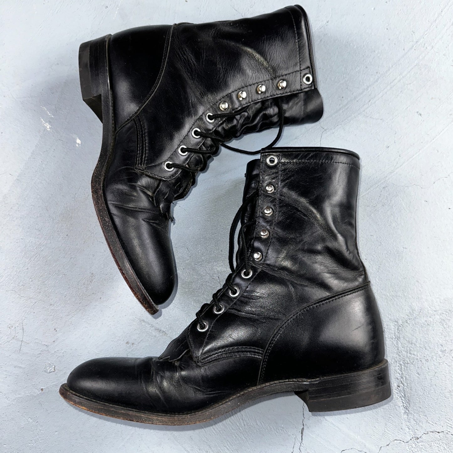 Vintage Justin Black Leather Roper Boots USA 9D Lace-Up Western Logger 506