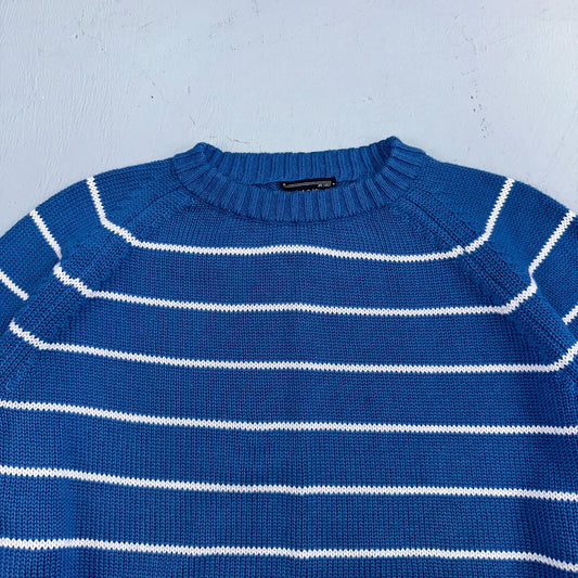 Vintage Preswick & Moore Cotton Blue Knit Crewneck Sweater Striped Chic