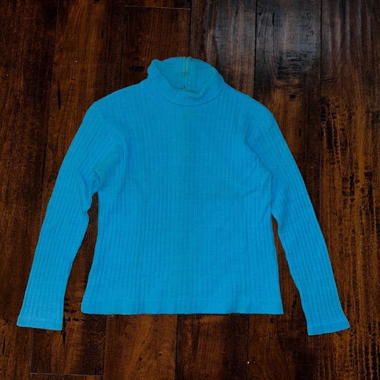Vintage 70s Womens Long Sleeve Turtle Neck Shirt Blue Size Small Crop Short