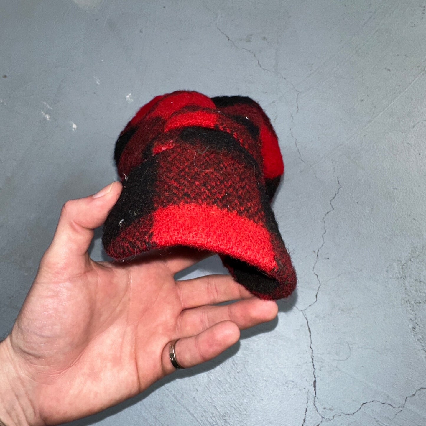 Vintage 1970s Woolrich Buffalo Plaid Red Black Hat with Ear Flaps USA 70s Warm