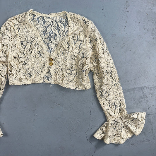 Womens Beige Open Knit Cardigan Sweater Jumper Pullover Size S Lace Crop Top 80s