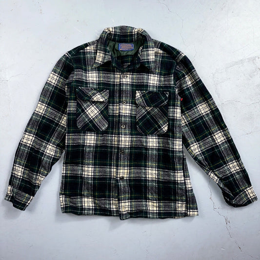 Pendleton VTG Men's Board Shirt Medium Loop Collar USA Wool Woolen Plaid Green