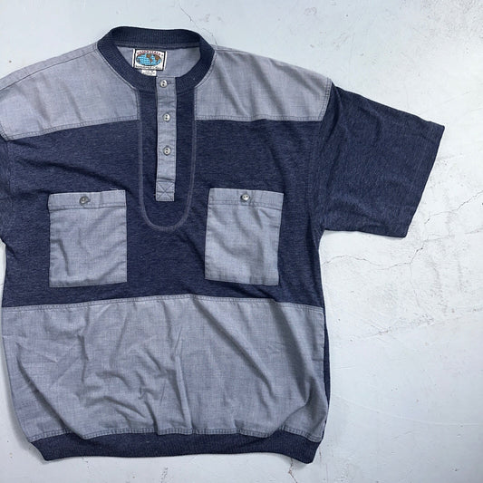 Vintage Essentials International Shirt M Blue Jean Sleeve Button Up 90s 80s