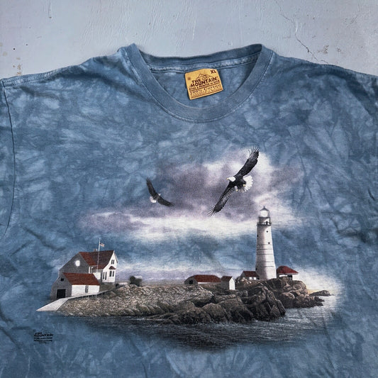 The Mountain Tye Dye Y2K VTG T Shirt Eagle Blue Watch Tower Ocean Beach House