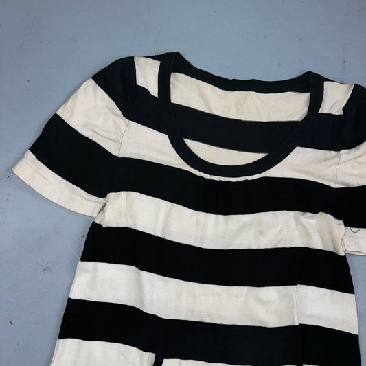Black White Striped Midi Sweater Dress Round Neck Vintage Y2K Cool Pocket Front