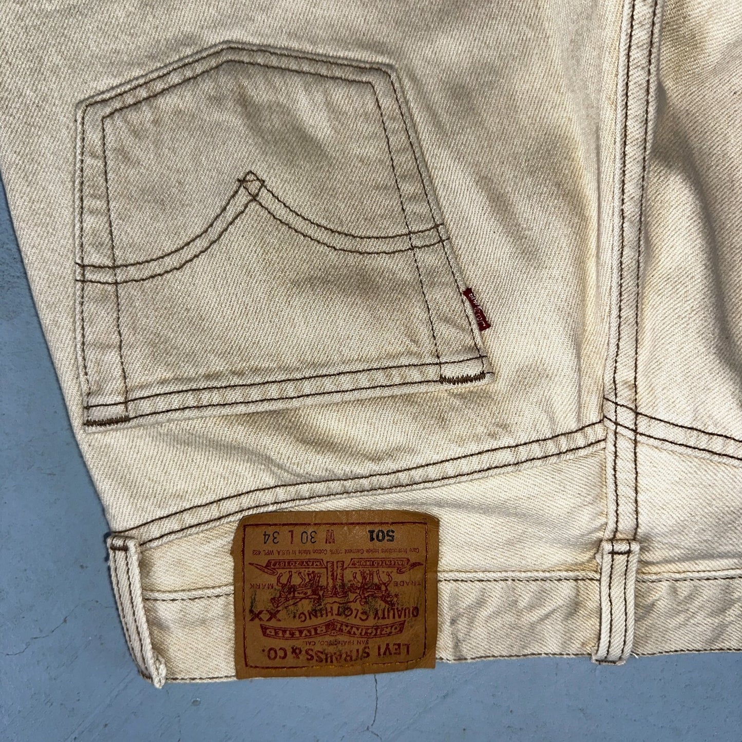 Levis 501 Vintage 90s USA XX Straight Leg Jeans Beige Light Wash 30x34 Act 29x29