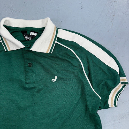 VTG JANTZEN Mens Polo Shirt Striped Collar Small Green White Jersey Cool 80s USA